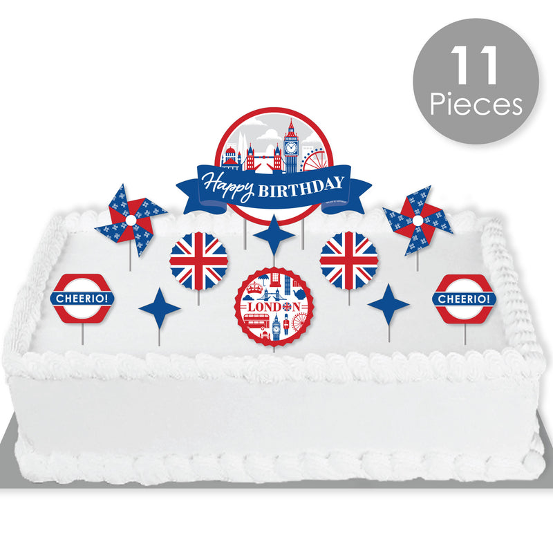 Cheerio, London - British UK Birthday Party Cake Decorating Kit - Happy Birthday Cake Topper Set - 11 Pieces