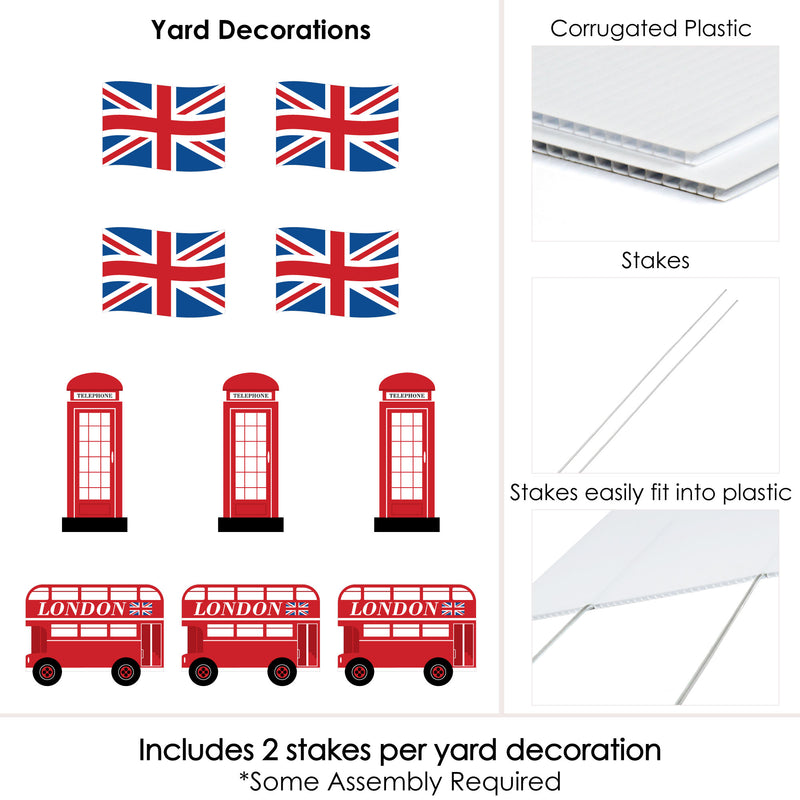 Cheerio, London - Union Jack Flag, Double-Decker Bus and Red Telephone Booth Lawn Decorations - Outdoor British UK Party Yard Decorations - 10 Piece
