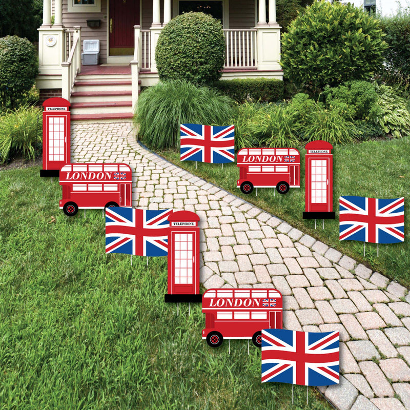 Cheerio, London - Union Jack Flag, Double-Decker Bus and Red Telephone Booth Lawn Decorations - Outdoor British UK Party Yard Decorations - 10 Piece
