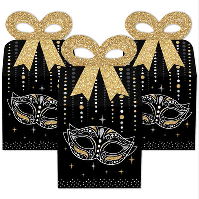 Masquerade - Square Favor Gift Boxes - Venetian Mask Party Bow Boxes - Set of 12
