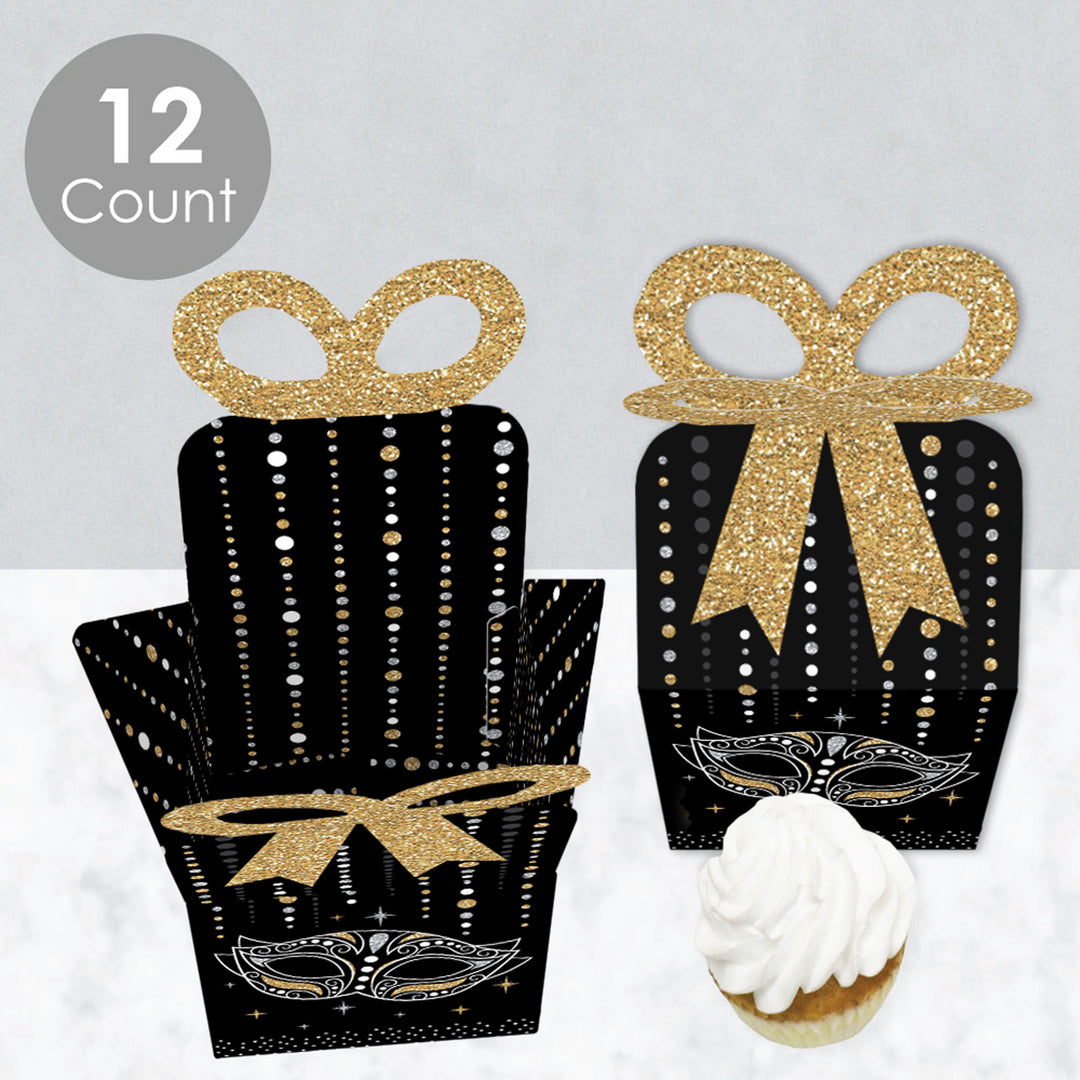 Masquerade - Square Favor Gift Boxes - Venetian Mask Party Bow Boxes - Set of 12