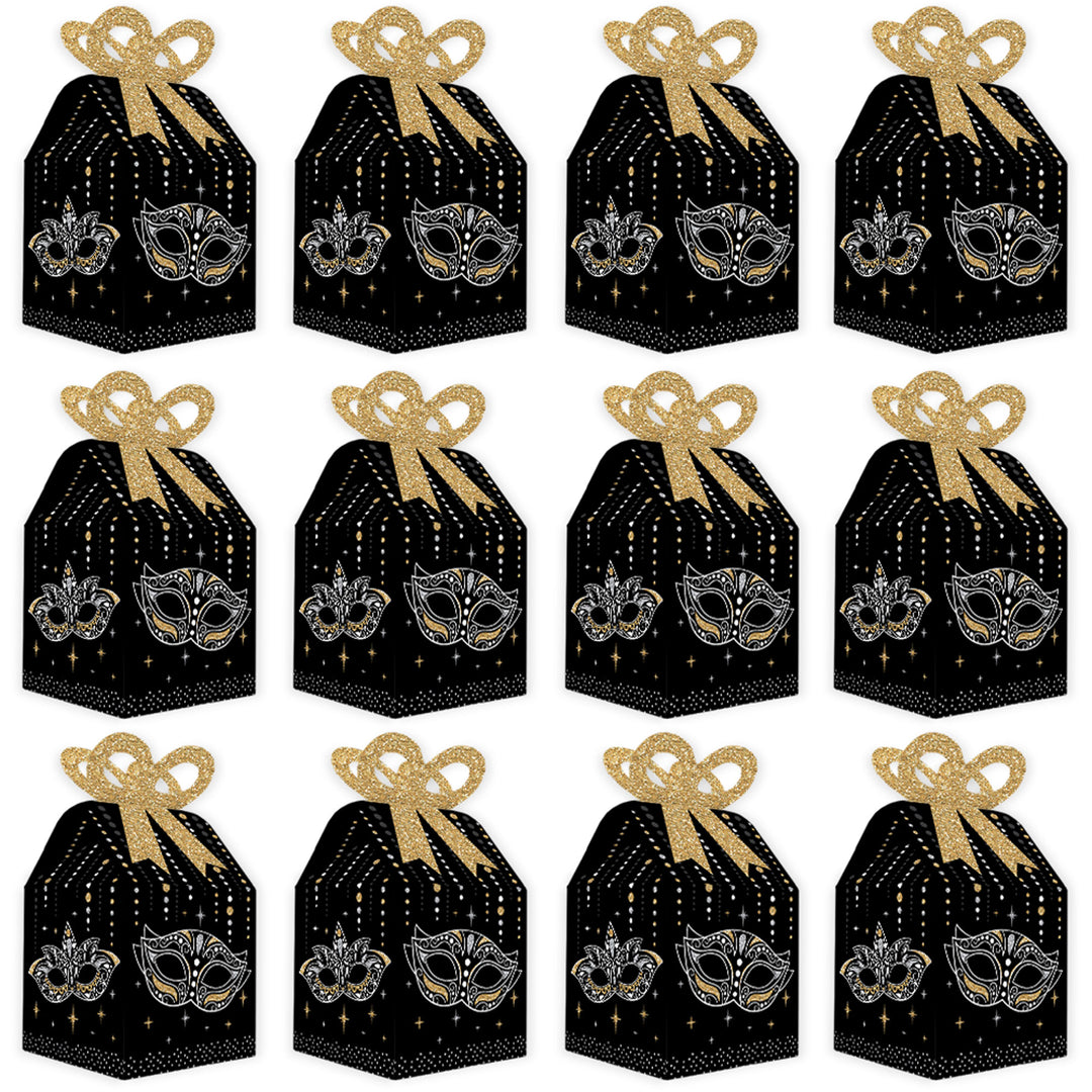 Masquerade - Square Favor Gift Boxes - Venetian Mask Party Bow Boxes - Set of 12