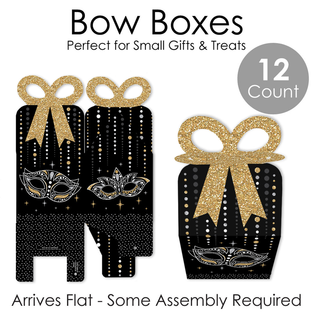 Masquerade - Square Favor Gift Boxes - Venetian Mask Party Bow Boxes - Set of 12