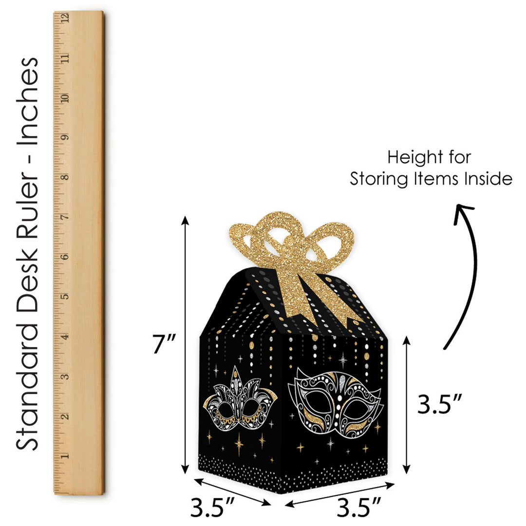 Masquerade - Square Favor Gift Boxes - Venetian Mask Party Bow Boxes - Set of 12
