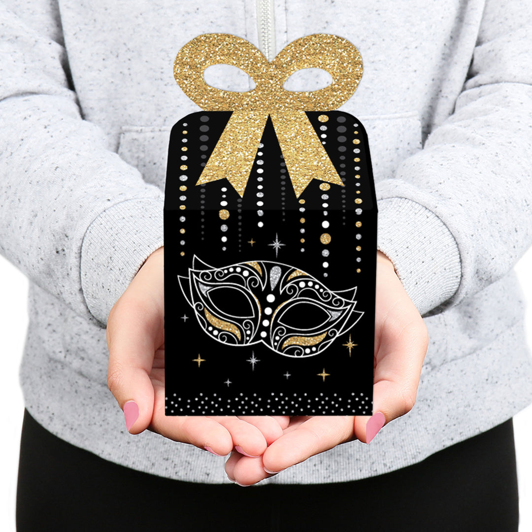 Masquerade - Square Favor Gift Boxes - Venetian Mask Party Bow Boxes - Set of 12