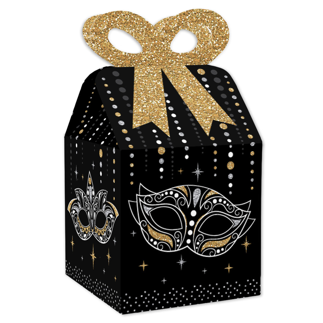 A black square favor gift box with a gold bow and masquerade mask design, intended for Venetian or masquerade-themed parties.