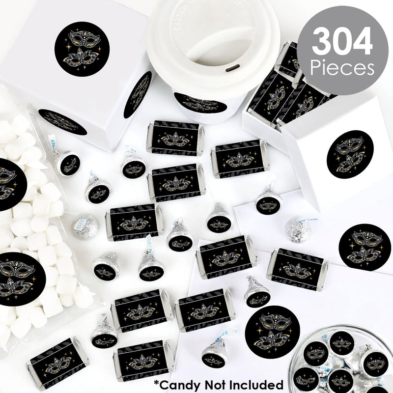 Masquerade - Mini Candy Bar Wrappers, Round Candy Stickers and Circle Stickers - Venetian Mask Party Candy Favor Sticker Kit - 304 Pieces