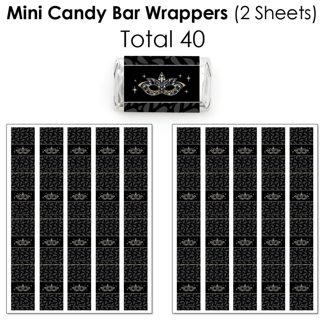 Masquerade - Mini Candy Bar Wrappers, Round Candy Stickers and Circle Stickers - Venetian Mask Party Candy Favor Sticker Kit - 304 Pieces