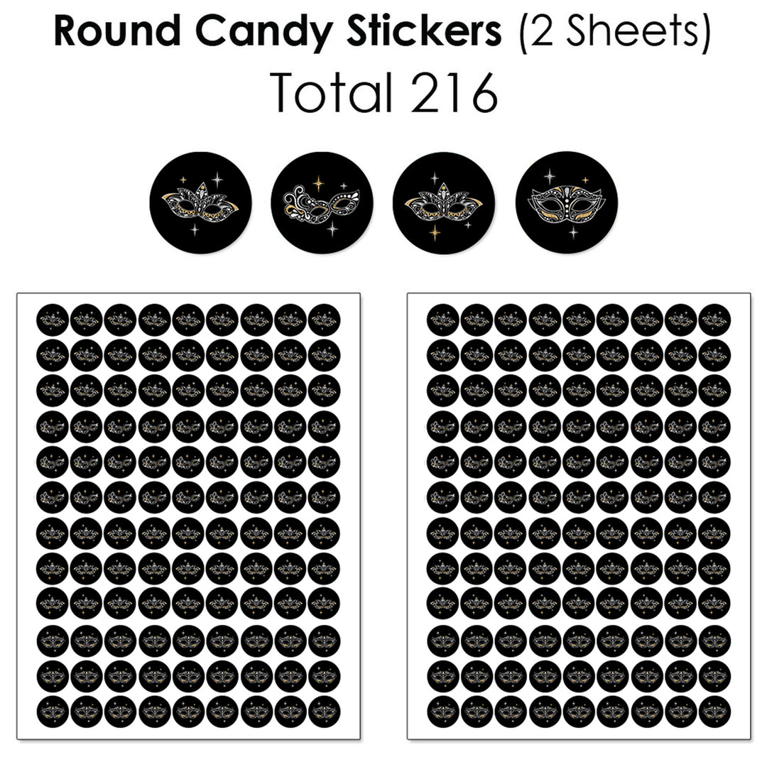 Masquerade - Mini Candy Bar Wrappers, Round Candy Stickers and Circle Stickers - Venetian Mask Party Candy Favor Sticker Kit - 304 Pieces