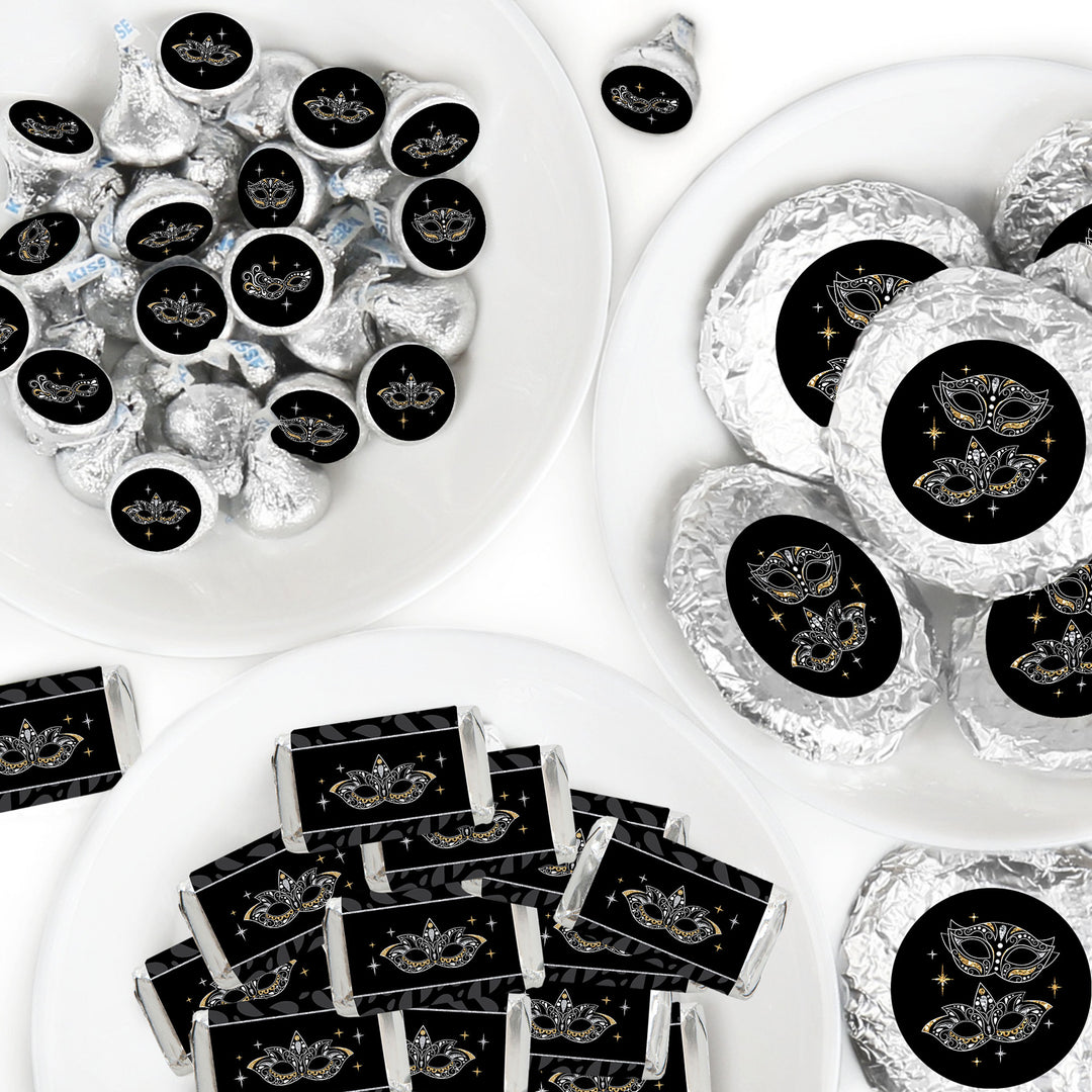 Masquerade - Mini Candy Bar Wrappers, Round Candy Stickers and Circle Stickers - Venetian Mask Party Candy Favor Sticker Kit - 304 Pieces