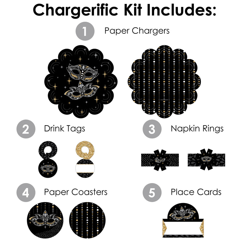 Masquerade - Venetian Mask Party Paper Charger and Table Decorations - Chargerific Kit - Place Setting for 8