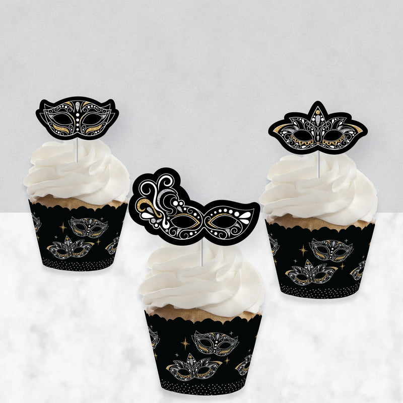 Masquerade - Cupcake Decoration - Venetian Mask Party Cupcake Wrappers and Treat Picks Kit - Set of 24