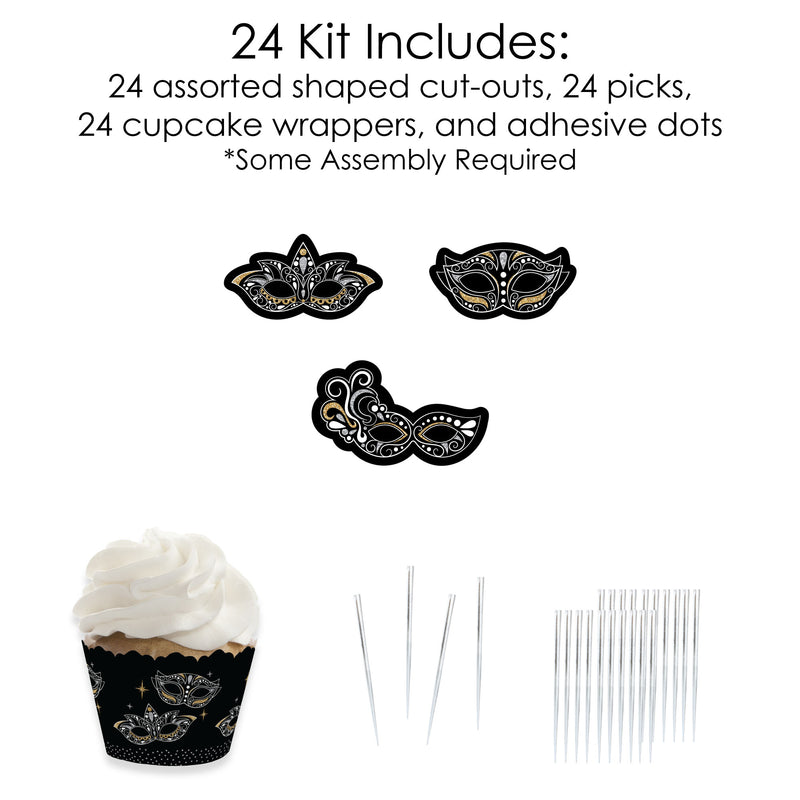 Masquerade - Cupcake Decoration - Venetian Mask Party Cupcake Wrappers and Treat Picks Kit - Set of 24
