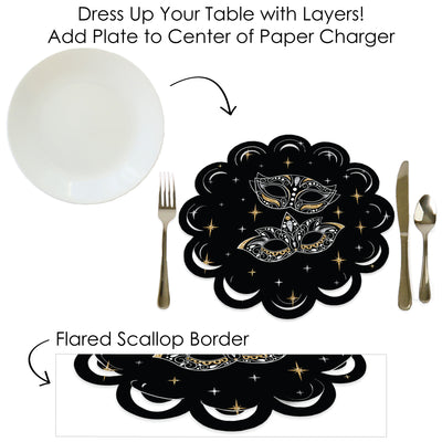 Masquerade - Venetian Mask Party Round Table Decorations - Paper Chargers - Place Setting For 12