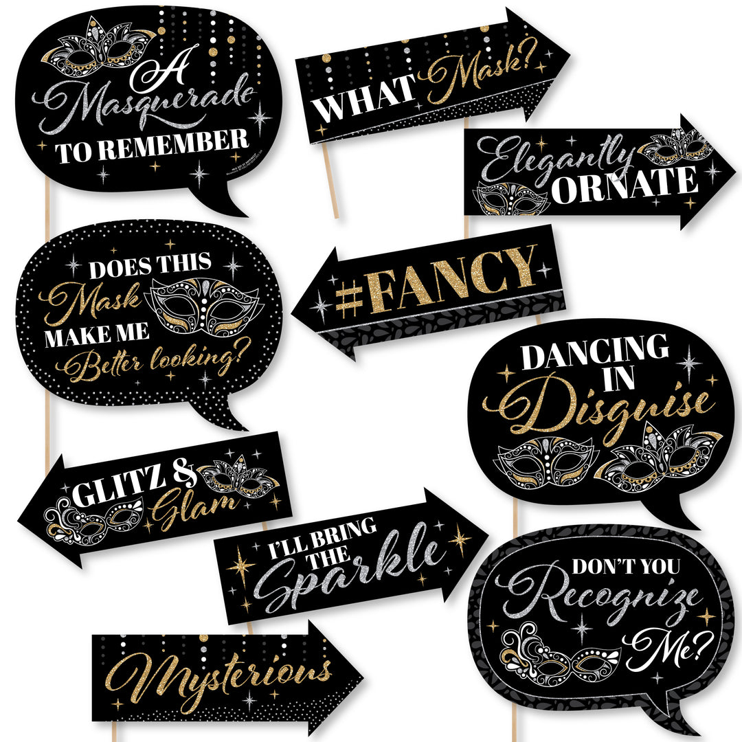 A set of 10 printed photo booth props with phrases related to masquerade parties, such as 'What Mask? Elegantly Ornate' and 'Glitz & Glam'.