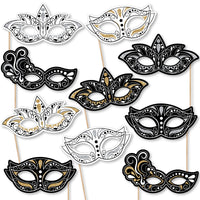A collection of 10 Masquerade Masks photo booth props kit printed in black, white, and gold colors, attached to sticks, displayed against a white background.