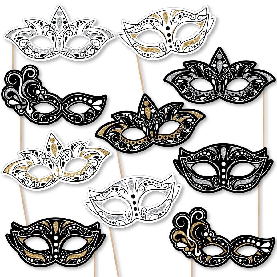 A collection of 10 Masquerade Masks photo booth props kit printed in black, white, and gold colors, attached to sticks, displayed against a white background.
