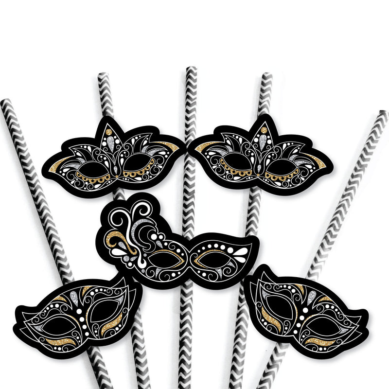 Masquerade - Paper Straw Decor - Venetian Mask Party Striped Decorative Straws - Set of 24