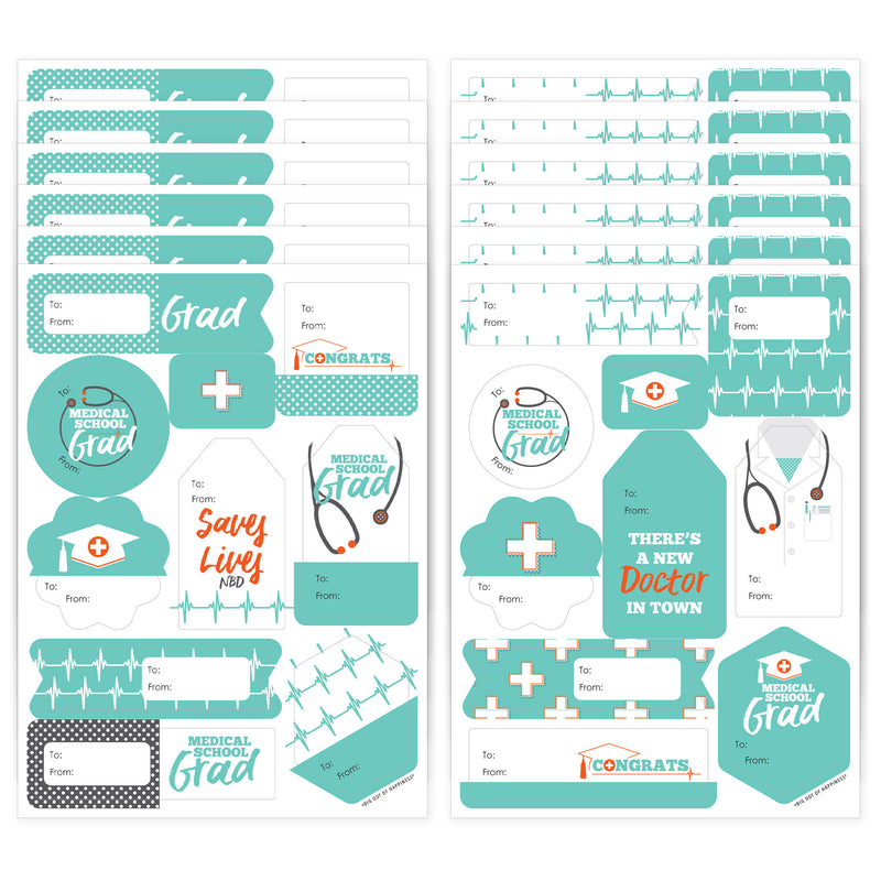 Medical School Grad - Assorted Doctor Graduation Party Gift Tag Labels - To and From Stickers - 12 Sheets - 120 Stickers