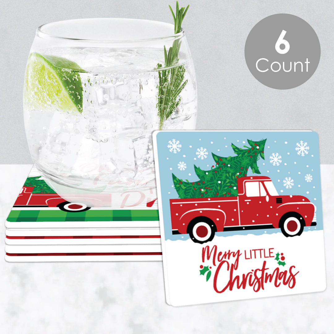 Merry Little Christmas Tree - Funny Red Truck and Car Christmas Party Decorations - Drink Coasters - Set of 6
