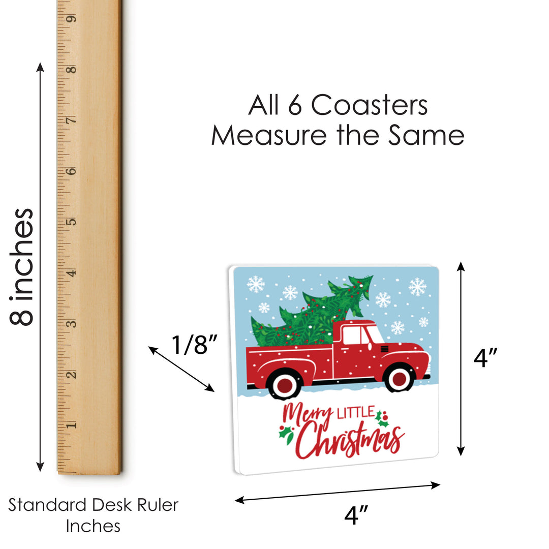 Merry Little Christmas Tree - Funny Red Truck and Car Christmas Party Decorations - Drink Coasters - Set of 6