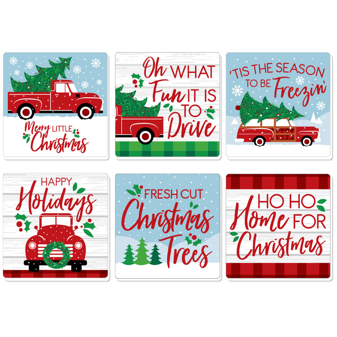 A set of six square drink coasters with various Christmas-themed designs including red trucks and cars, with options to buy individually or in a set.