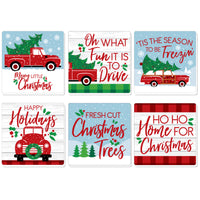 A set of six square drink coasters with various Christmas-themed designs including red trucks and cars, with options to buy individually or in a set.