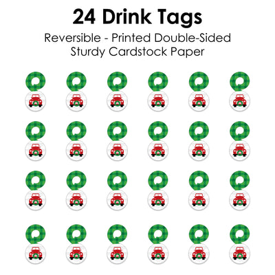 Merry Little Christmas Tree - Red Truck Christmas Party Paper Beverage Markers for Glasses - Drink Tags - Set of 24