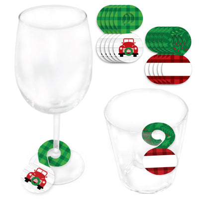 Merry Little Christmas Tree - Red Truck Christmas Party Paper Beverage Markers for Glasses - Drink Tags - Set of 24