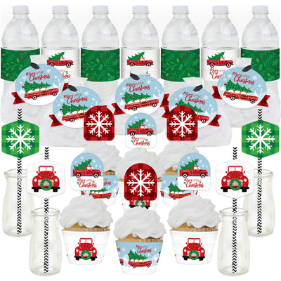 Merry Little Christmas Tree - Red Truck and Car Christmas Party Favors and Cupcake Kit - Fabulous Favor Party Pack - 100 Pieces