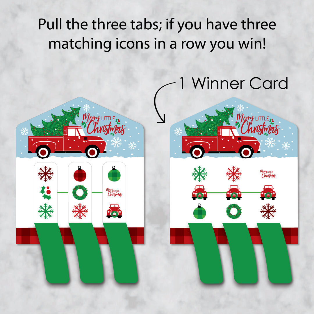 Merry Little Christmas Tree - Red Truck Christmas Party Game Pickle Cards - Pull Tabs 3-in-a-Row - Set of 12
