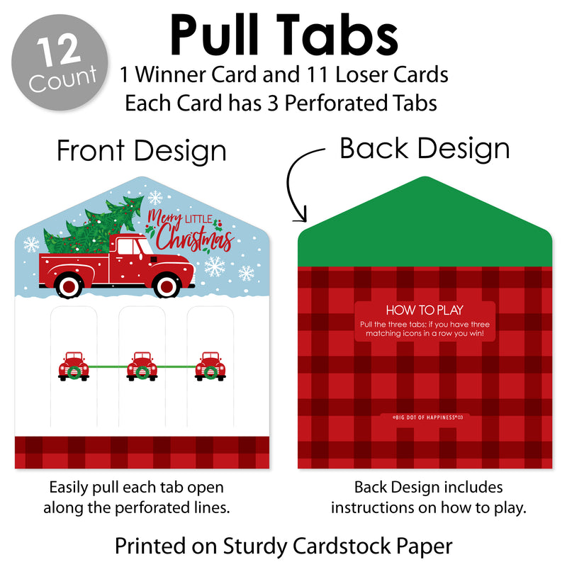 Merry Little Christmas Tree - Red Truck Christmas Party Game Pickle Cards - Pull Tabs 3-in-a-Row - Set of 12