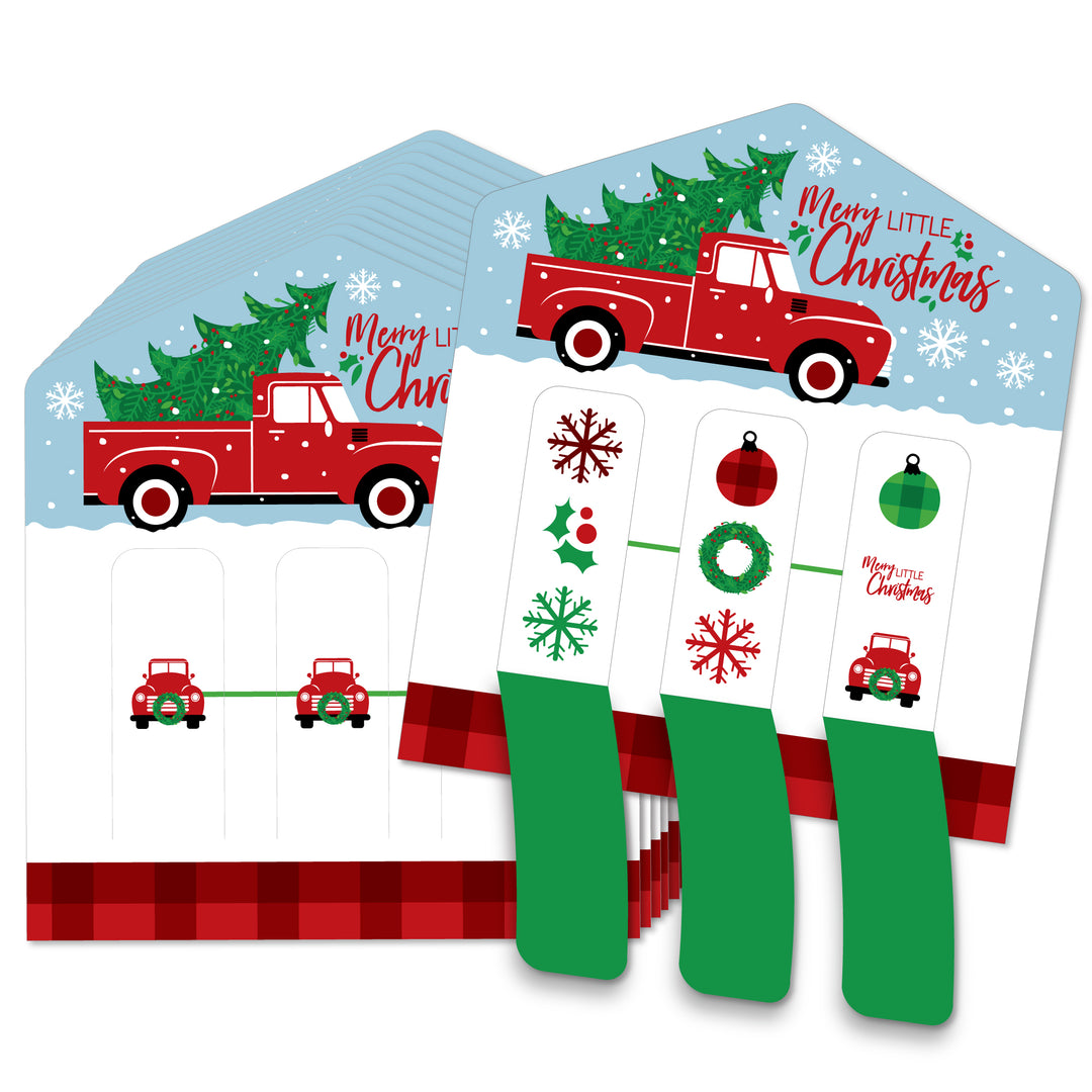 Merry Little Christmas Tree - Red Truck Christmas Party Game Pickle Cards - Pull Tabs 3-in-a-Row - Set of 12