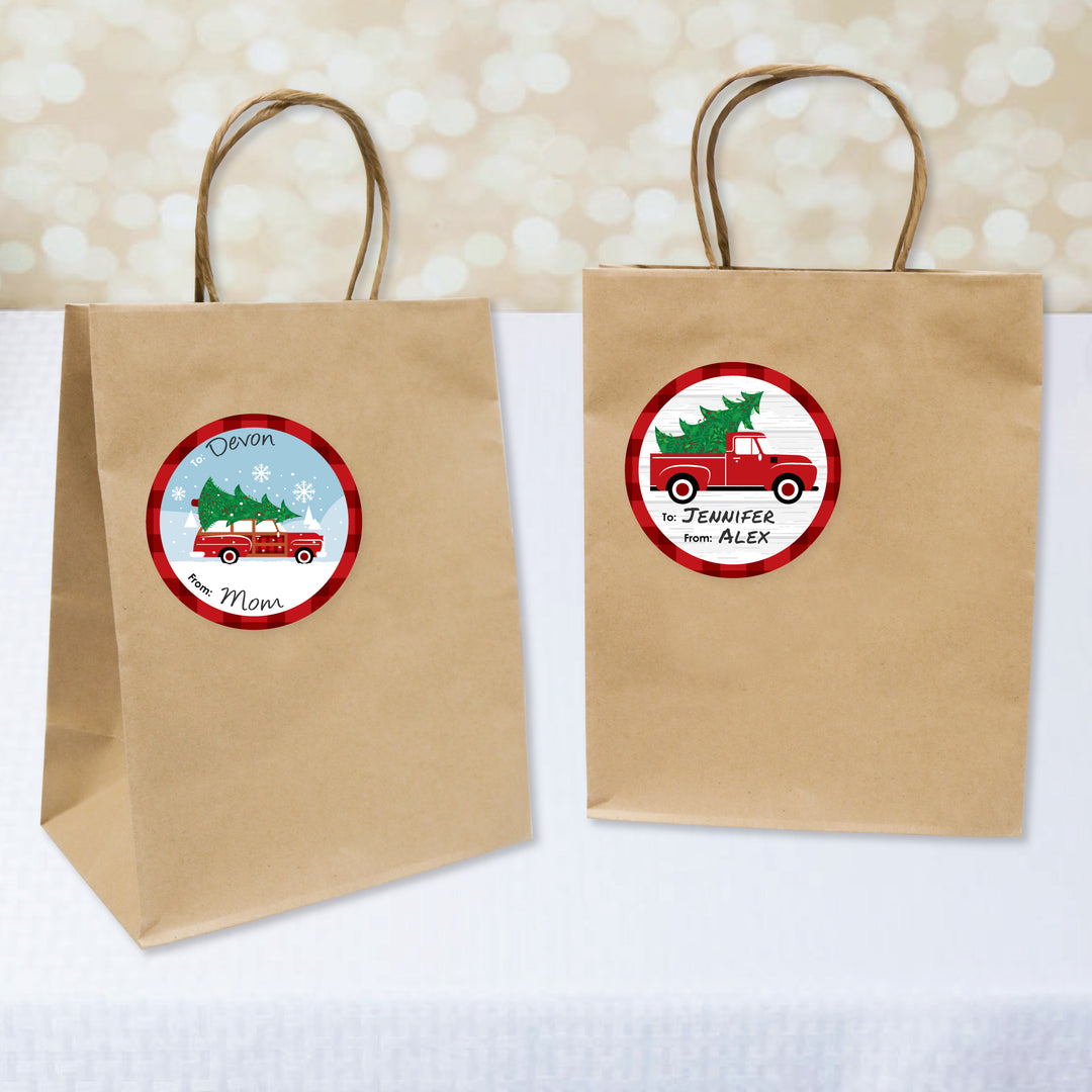 Merry Little Christmas Tree - Round Red Truck and Car Christmas Party To and From Gift Tags - Large Stickers - Set of 8