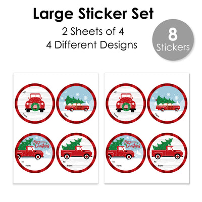 Merry Little Christmas Tree - Round Red Truck and Car Christmas Party To and From Gift Tags - Large Stickers - Set of 8