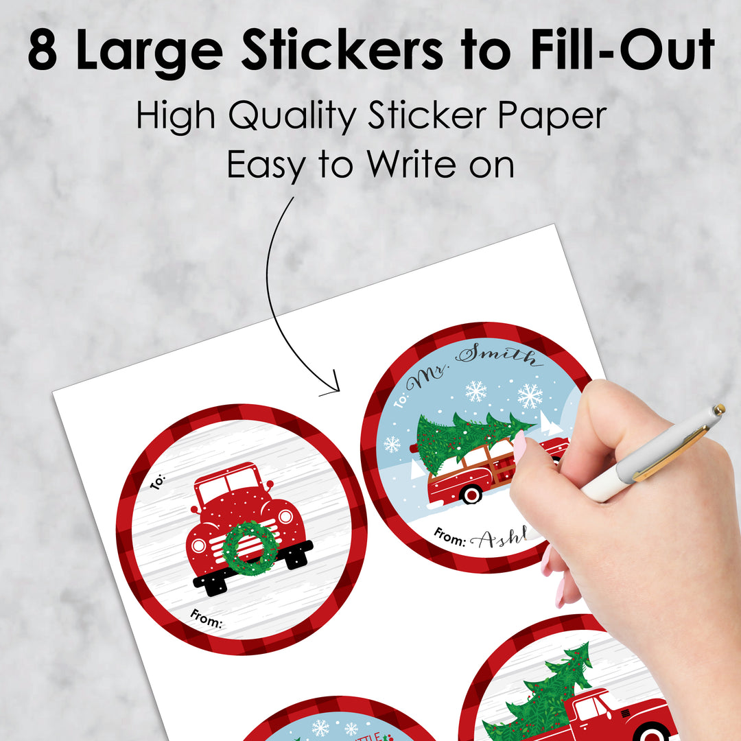 Merry Little Christmas Tree - Round Red Truck and Car Christmas Party To and From Gift Tags - Large Stickers - Set of 8