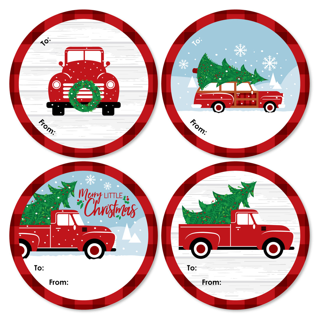 Merry Little Christmas Tree - Round Red Truck and Car Christmas Party To and From Gift Tags - Large Stickers - Set of 8