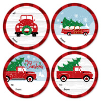 Merry Little Christmas Tree - Round Red Truck and Car Christmas Party To and From Gift Tags - Large Stickers - Set of 8