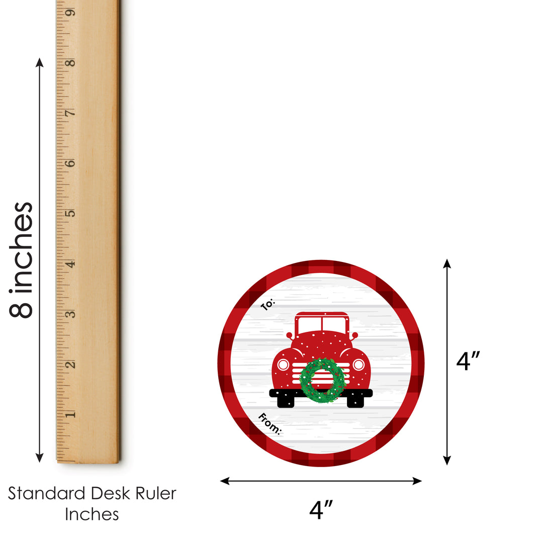 Merry Little Christmas Tree - Round Red Truck and Car Christmas Party To and From Gift Tags - Large Stickers - Set of 8
