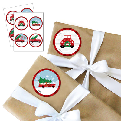 Merry Little Christmas Tree - Round Red Truck and Car Christmas Party To and From Gift Tags - Large Stickers - Set of 8