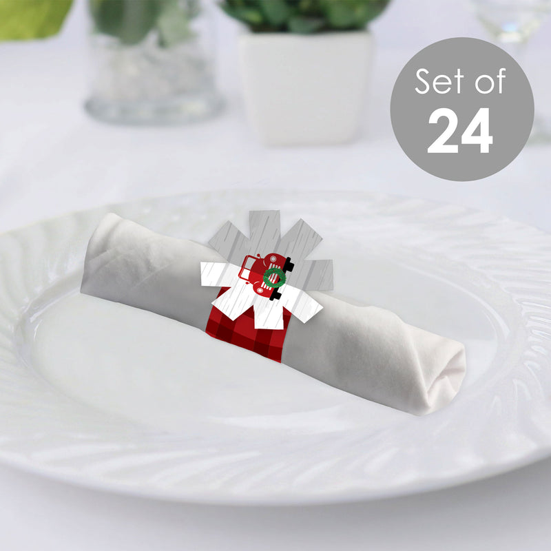 Merry Little Christmas Tree - Red Truck Christmas Party Paper Napkin Holder - Napkin Rings - Set of 24