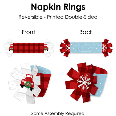Merry Little Christmas Tree - Red Truck Christmas Party Paper Napkin Holder - Napkin Rings - Set of 24