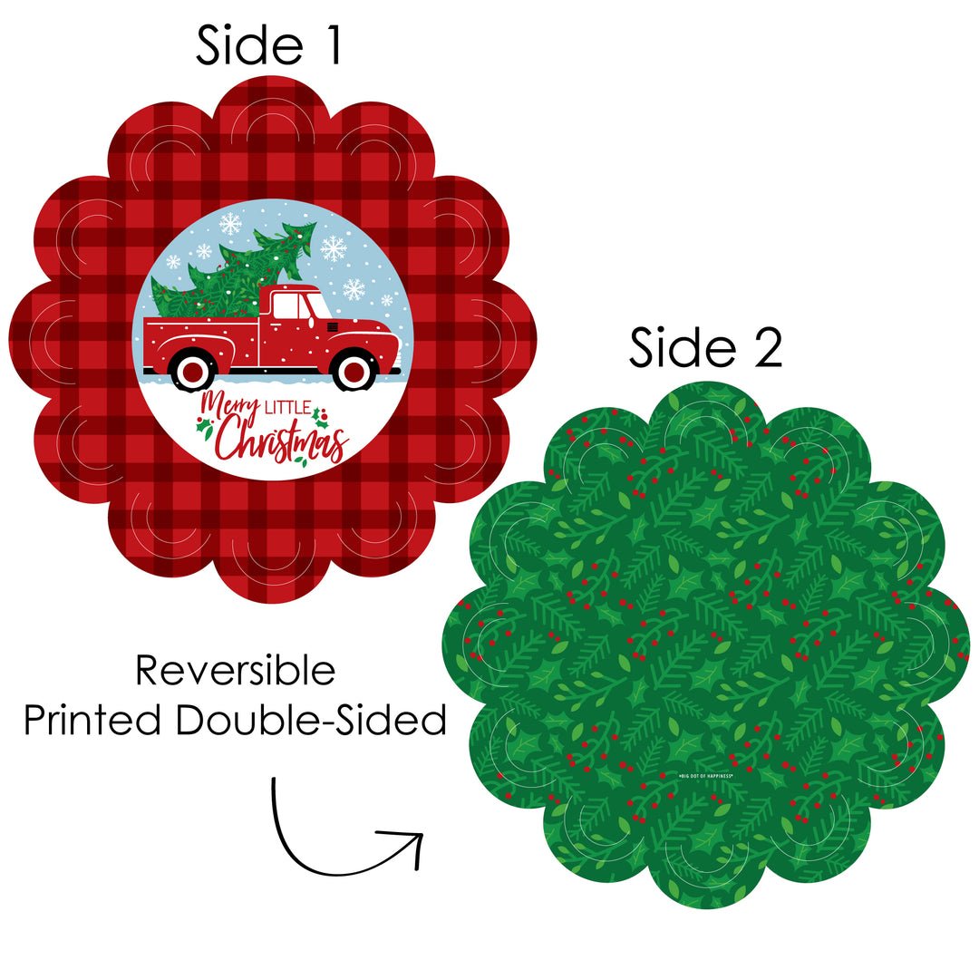 Merry Little Christmas Tree - Red Truck Christmas Party Round Table Decorations - Paper Chargers - Place Setting For 12