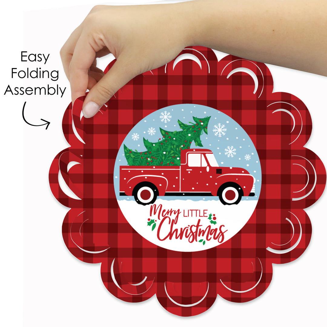 Merry Little Christmas Tree - Red Truck Christmas Party Round Table Decorations - Paper Chargers - Place Setting For 12