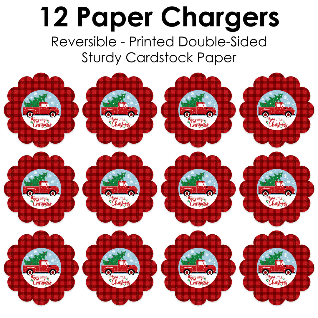 Merry Little Christmas Tree - Red Truck Christmas Party Round Table Decorations - Paper Chargers - Place Setting For 12