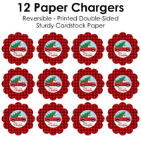 Merry Little Christmas Tree - Red Truck Christmas Party Round Table Decorations - Paper Chargers - Place Setting For 12