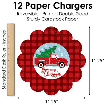 Merry Little Christmas Tree - Red Truck Christmas Party Round Table Decorations - Paper Chargers - Place Setting For 12