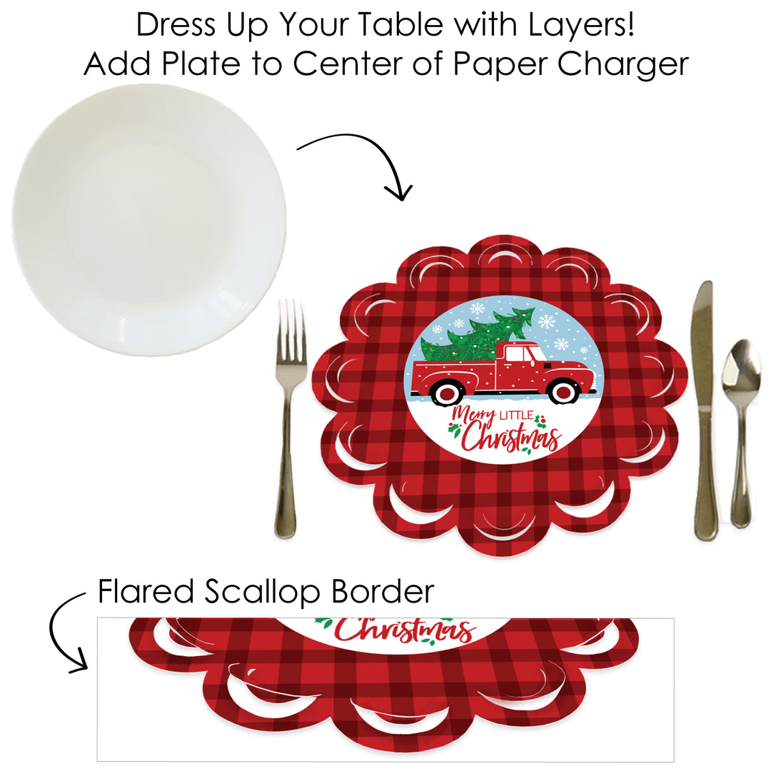 Merry Little Christmas Tree - Red Truck Christmas Party Round Table Decorations - Paper Chargers - Place Setting For 12