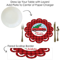 Merry Little Christmas Tree - Red Truck Christmas Party Round Table Decorations - Paper Chargers - Place Setting For 12