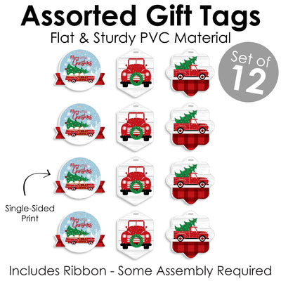 Merry Little Christmas Tree - Assorted Hanging Red Truck and Car Christmas Party Favor Tags - Gift Tag Toppers - Set of 12